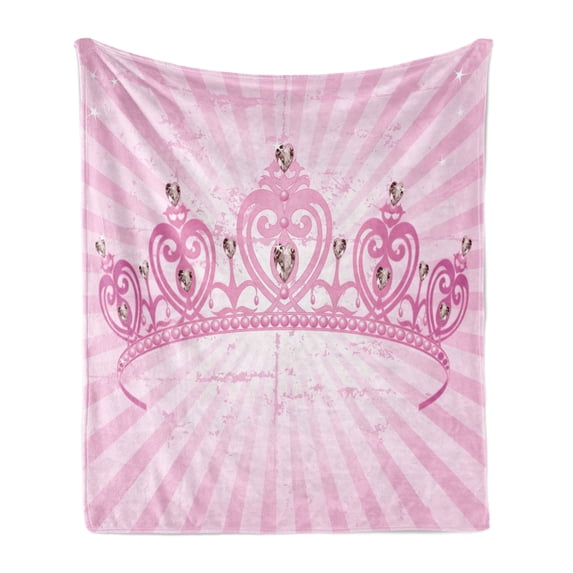 Queen Soft Flannel Fleece Throw Blanket, Childhood Theme Pink Heart Shaped Princess Crown on Radial Backdrop Romantic, Cozy Plush for Indoor and Outdoor Use, 60" x 80", Pink Pale Pink, by Ambesonne