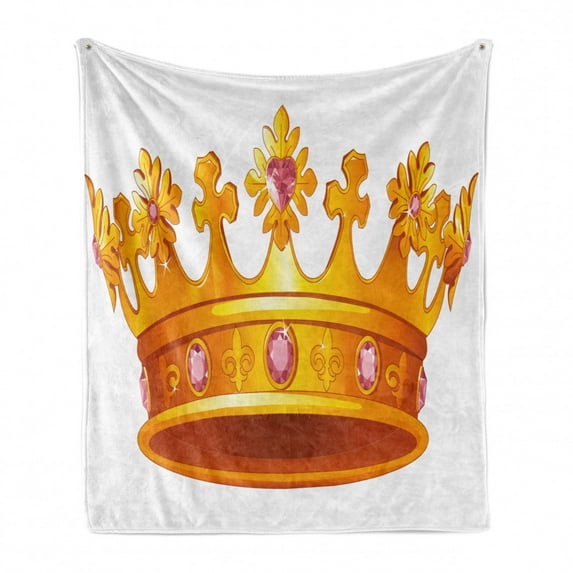 Queen Soft Flannel Fleece Throw Blanket, Crown with Pale Pink Gemstone Antique Tiara Nobility Cartoon, Cozy Plush for Indoor and Outdoor Use, 70" x 90", Orange and Rose, by Ambesonne
