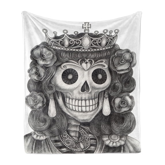 Queen Soft Flannel Fleece Throw Blanket, Day of the Dead Artwork Hand Drawing Folk Skull with Flowers Crown Ornaments, Cozy Plush for Indoor and Outdoor Use, 70" x 90", Black and White, by Ambesonne