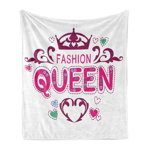 Queen Soft Flannel Fleece Throw Blanket, Girlish Print Fashion Queen Lettering Floral Heart Shaped Ornaments, Cozy Plush for Indoor and Outdoor Use, 70" x 90", Dried Rose Pink, by Ambesonne