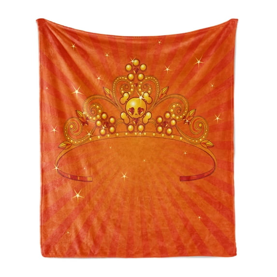 Queen Soft Flannel Fleece Throw Blanket, Halloween Princess Crown with Little Skull Daisies on Radial Orange Backdrop Stars, Cozy Plush for Indoor and Outdoor Use, 50" x 60", Orange, by Ambesonne