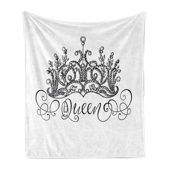 Queen Soft Flannel Fleece Throw Blanket, Hand Drawn Crown Lettering Baroque Style Elements Calligraphy Print, Cozy Plush for Indoor and Outdoor Use, 70" x 90", Black and White, by Ambesonne