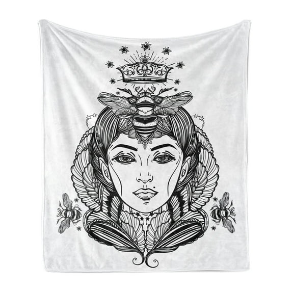 Queen Soft Flannel Fleece Throw Blanket, Queen Bee Portrait Female Fantasy Folklore Artwork, Cozy Plush for Indoor and Outdoor Use, 50" x 60", Dark Brown and White, by Ambesonne