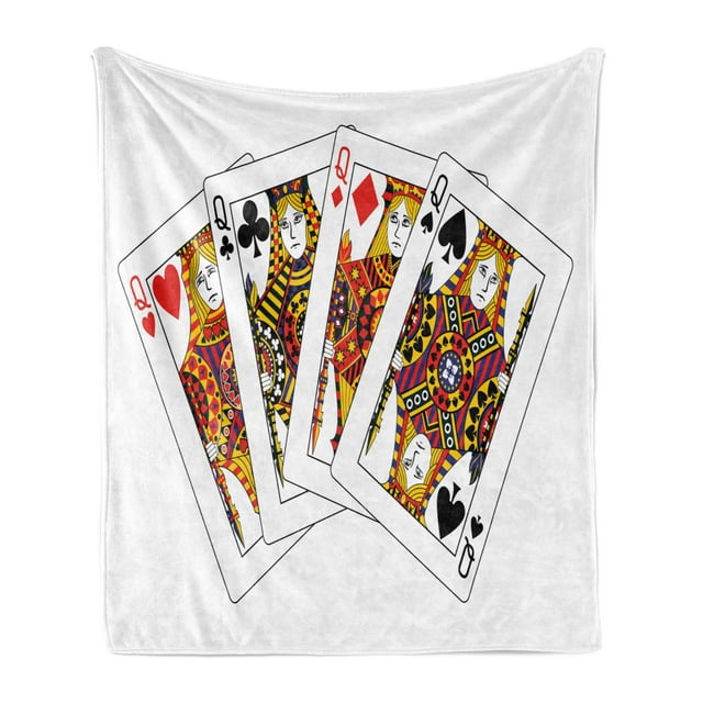 Queen Soft Flannel Fleece Throw Blanket, Queens Poker Set Faces Hearts and Spades Gambling Theme Playing Cards, Cozy Plush for Indoor and Outdoor Use, 70" x 90", Black Red Yellow, by Ambesonne