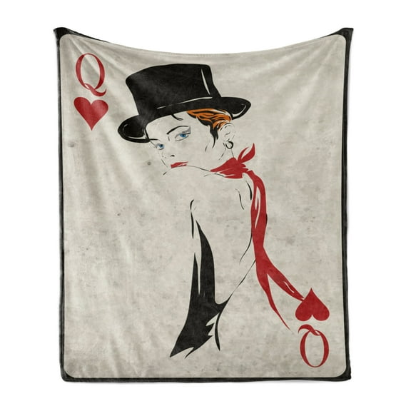 Queen Soft Flannel Fleece Throw Blanket, Retro Style Woman Hat Playing Card Design Poker Casino Gamble, Cozy Plush for Indoor and Outdoor Use, 50" x 60", Vermilion Beige, by Ambesonne
