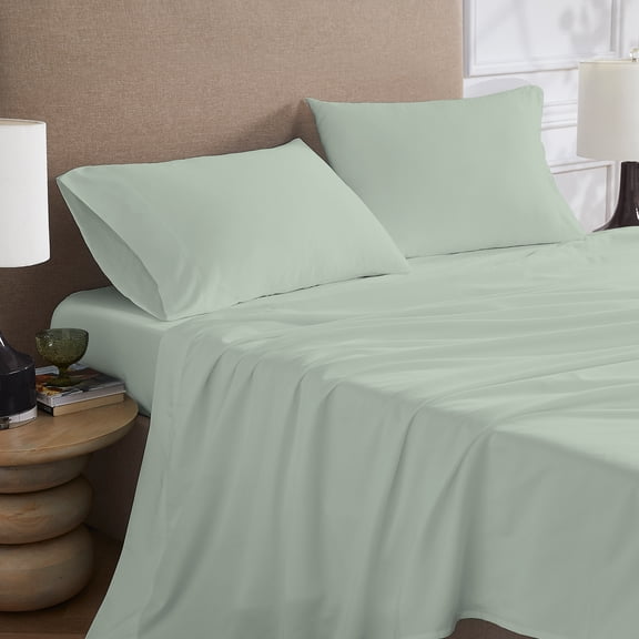 Color Sense 4-Piece Brushed Percale Cotton Blend Bedsheet Set, Cool & Crisp, Breathable, Wrinkle Resistant, Queen, Soft Green