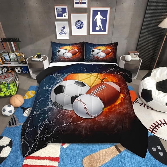 Queen Sports Quilt Set for Boys - Baseball, Soccer, Basketball & Football Bedspread | 3PCS Luxury Soft Coverlet for Kids & Adults | Cool Fire/Ice Lightning Design | Perfect Christmas & Birthday Gift