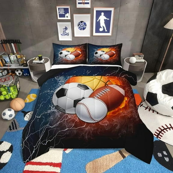 Queen Sports Quilt Set for Boys - Baseball, Soccer, Basketball & Football Bedspread | 3PCS Luxury Soft Coverlet for Kids & Adults | Cool Fire/Ice Lightning Design | Perfect Christmas & Birthday Gift