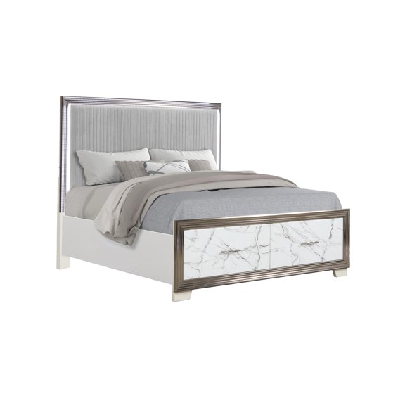 Queen Storage Bed Frame with LED Headboard, Upholstered Platform Bed with Marble Accent Footboard