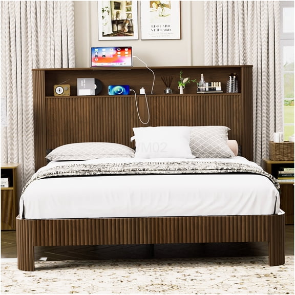 Queen Storage Bed Frame with USB Charging Station, Wave Headboard, Noise Free Platform, Walnut Finish