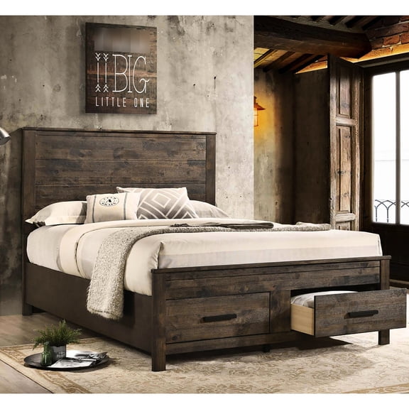 Queen Storage Bed In Rustic Golden Brown With Quality Construction Style Solid Block Legs And Wooden Handles