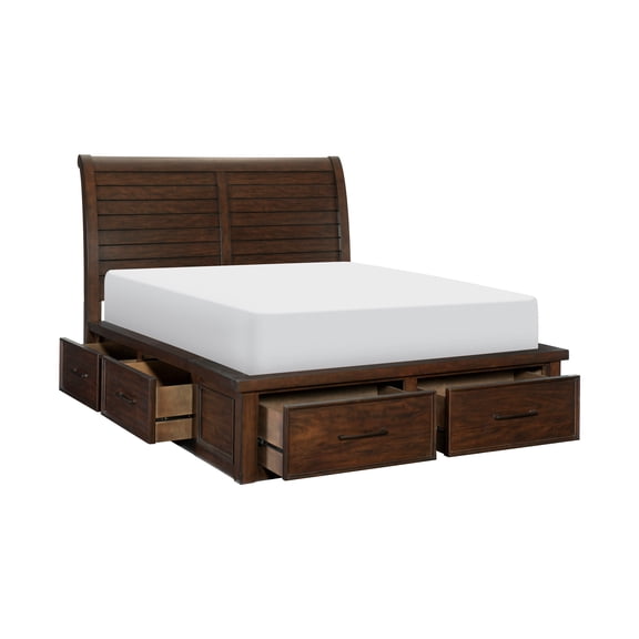 Queen Storage Bed with Sleigh Headboard, Mango Wood Platform Bed Frame with 6 Drawers, Classic Brown Finish, No Box Spring Needed, 69" x 95" x 56.5"H, Transitional Bedroom Furniture