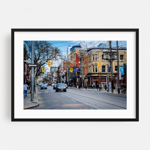 Queen Street West - Toronto Ontario Canada Photography Street Photography City Architecture Car Skyline Travel Poster Black Framed Wall Art Print 5 x 7 inches