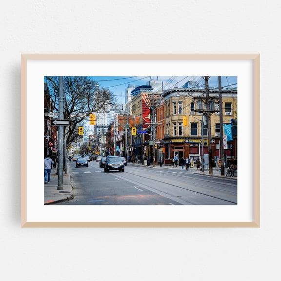 Queen Street West - Toronto Ontario Canada Photography Street Photography City Architecture Car Skyline Travel Poster Oak Framed Wall Art Print 5 x 7 inches
