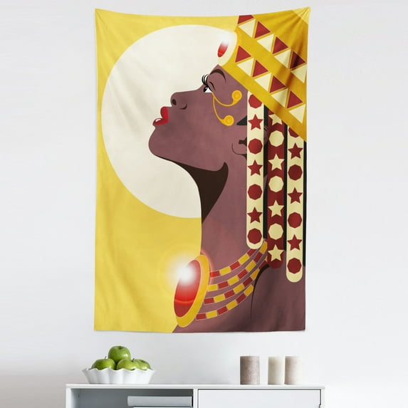 Queen Tapestry, Abstract Design Woman Cartoon with Sun in Background, Fabric Wall Hanging Decor for Bedroom Living Room Dorm, 5 Sizes, Dark Mauve Burgundy, by Ambesonne