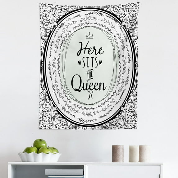 Queen Tapestry, Here Sits the Queen Words with Oval Monochromatic Vintage Leafy Motifs, Fabric Wall Hanging Decor for Bedroom Living Room Dorm, 5 Sizes, Mint Green Charcoal Grey, by Ambesonne