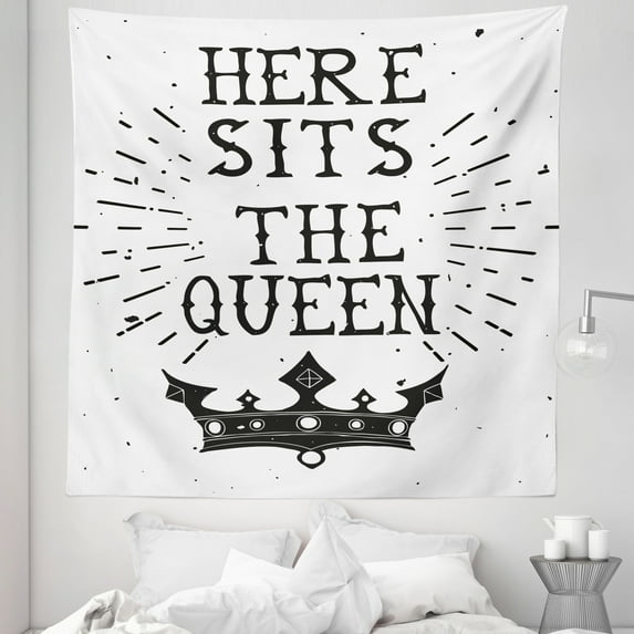 Queen Tapestry, Vintage Grunge Here Sits the Queen Words Antique Crown Royalty Theme Hipster, Fabric Wall Hanging Decor for Bedroom Living Room Dorm, 5 Sizes, Charcoal Grey White, by Ambesonne