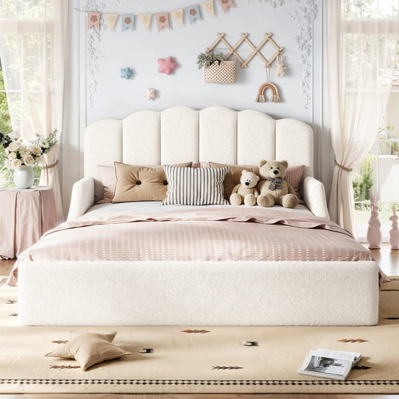 Queen Teddy Fabric Upholstered Floor Bed, Stylish Upholstered Kids Bed, Low Profile Children Bed Frame, Soft Plush Upholstered Floor Bed for Kids &Teens