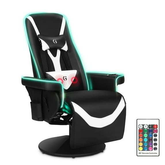 Queen Throne Racing Gaming Chair with Footrest and Adjustable Backrest Ergonomic Recliner High Back Swivel Chair with RGB LED Lights, Massage Lumbar Support, Headrest and Cupholders, Black White