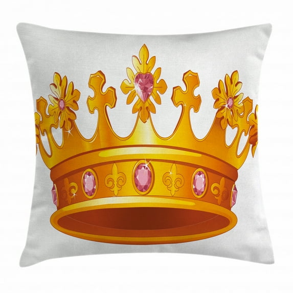 Queen Throw Pillow Cushion Cover, Golden Color Crown with Embellishments Majestic Antique Tiara Symbol Nobility, Decorative Square Accent Pillow Case, 24 X 24 Inches, Yellow Light Pink, by Ambesonne