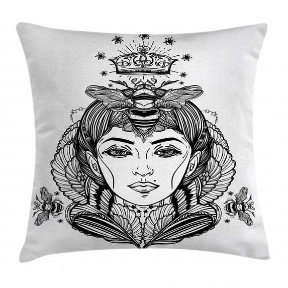 Queen Throw Pillow Cushion Cover, Queen Bee Portrait Female Fantasy Spirituality Folklore Goddess Magical Artwork, Decorative Square Accent Pillow Case, 16 X 16 Inches, Dark Brown White, by Ambesonne