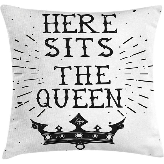 Queen Throw Pillow Cushion Cover, Vintage Grunge Here Sits The Queen Words Antique Crown Royalty Theme Hipster, Decorative Square Accent Pillow Case, 18" X 18", White Charcoal