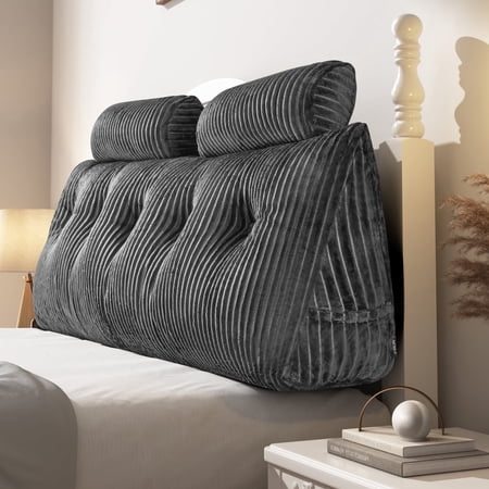 Queen Triangular Headboard Pillow, Queen Size Wedge Headboard Pillow with 2 Roll Pillows, Queen Bed Reading Pillows Large Backrest Wedge Pillow (Grey, Queen: 60”x20”x8”)