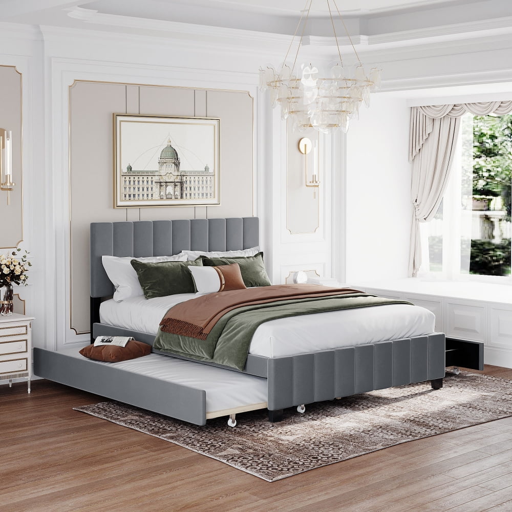 Queen Trundle Bed Bed Frame with Storage Drawers Daybed with Trundle Bed Velvet Upholstered Platform Bed with 2 Drawers and 1 Twin XL Trundle