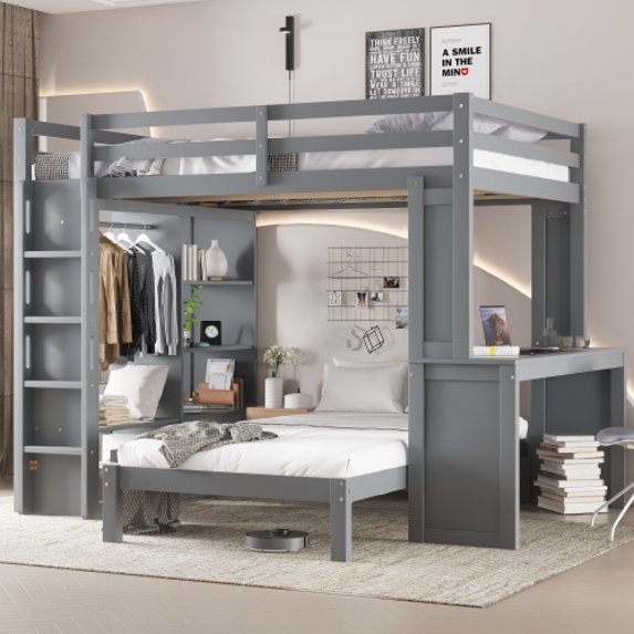 Queen over Twin Bunk Bed with Dismountable Lower Bed and Desk, Solid Wood Bunk Beds Frame with Built-in Shelves and Wardrobe, Can be Converted into Loft Bed, Grey