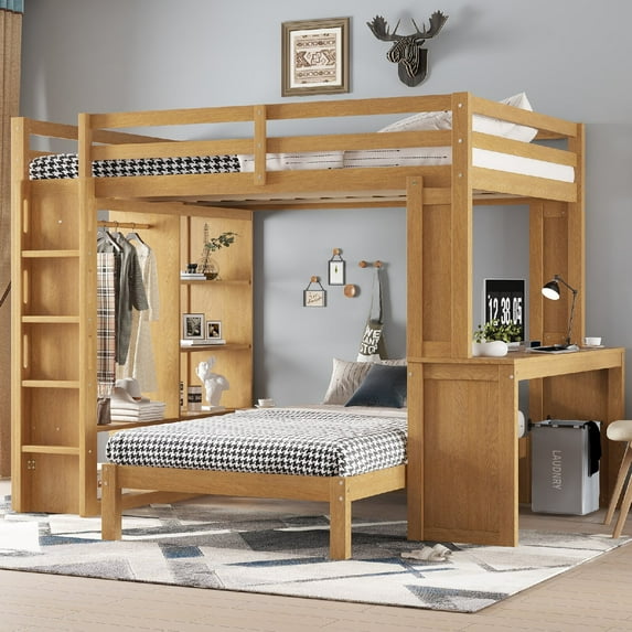 Queen over Twin Bunk Bed Frame with Dismountable Lower Bed and Desk, Solid Wood Bunk Beds with Built-in Shelves and Wardrobe for Bedroom, Can be Converted into Loft Bed, Mattress Not Included,Natural