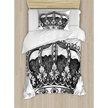 Queen Twin Size Duvet Cover Set, Antique Royal Crown Kingdom Emperor Ruler Czar Symbol Monarchy Authority Icon, Decorative 2 Piece Bedding Set with 1 Pillow Sham, Black and White, by Ambesonne