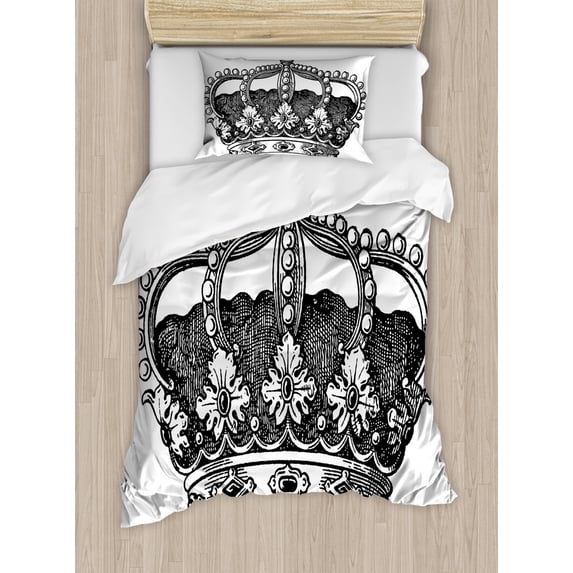 Queen Twin Size Duvet Cover Set, Antique Royal Crown Kingdom Emperor Ruler Czar Symbol Monarchy Authority Icon, Decorative 2 Piece Bedding Set with 1 Pillow Sham, Black and White, by Ambesonne