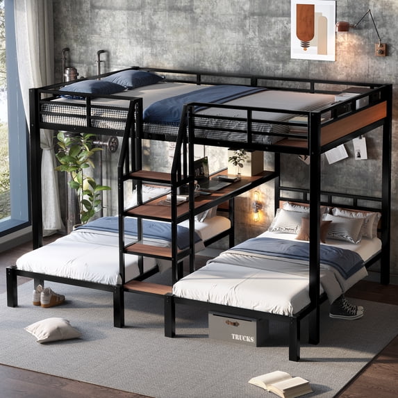 Queen/Twin/Twin Triple Bunk Bed, Kids/Teens Metal Bed Frame with Multi-functional Storage Stairs, Accent Two-Tone Platform Bed