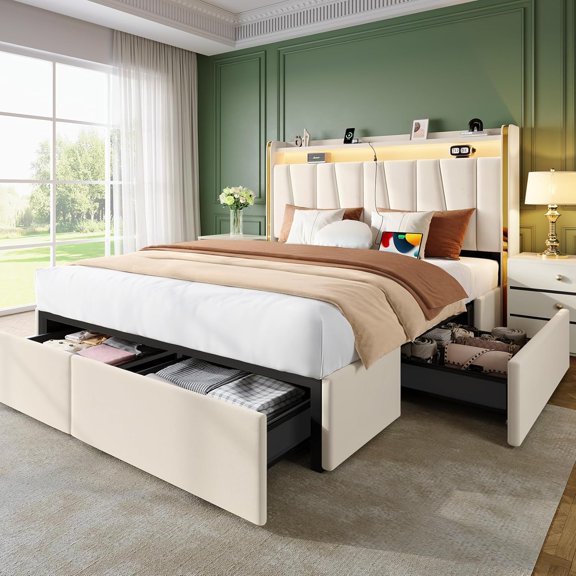 Queen Upholstered Bed Frame with 2-Tier Storage Headboard and 4 Dustproof Drawers, 51" Tall Platform Bed Frame with Adjustable Headboard, LED Lights, Charging Station, Easy Assembly, Beige