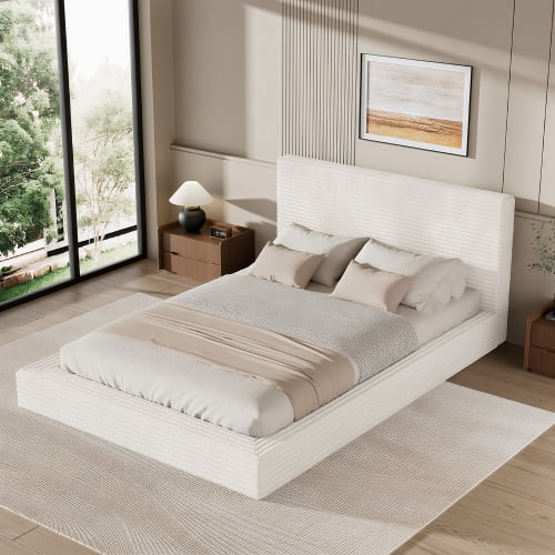 Queen Upholstered Bed Frame, AirFrame Low Profile Cloud Bed, Corduroy Upholstered Headboard, 360° Foam Edging, No Box Spring Needed, Easy Assembly, for Bedroom Guest Room, White