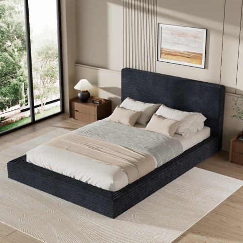 Queen Upholstered Bed Frame, AirFrame Low Profile Cloud Bed, Corduroy Upholstered Headboard, 360° Foam Edging, No Box Spring Needed, Easy Assembly, for Bedroom Guest Room, Black