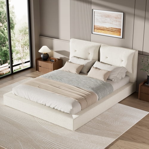 Queen Upholstered Bed Frame, AirFrame Low Profile Cloud Bed, Double-Layered Headboard, 360 Foam Edging, No Box Spring Needed, Easy Assembly, for Bedroom Guest Room, White