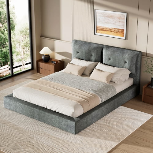 Queen Upholstered Bed Frame, AirFrame Low Profile Cloud Bed, Double-Layered Headboard, 360° Foam Edging, No Box Spring Needed, Easy Assembly, for Bedroom Guest Room, Gray
