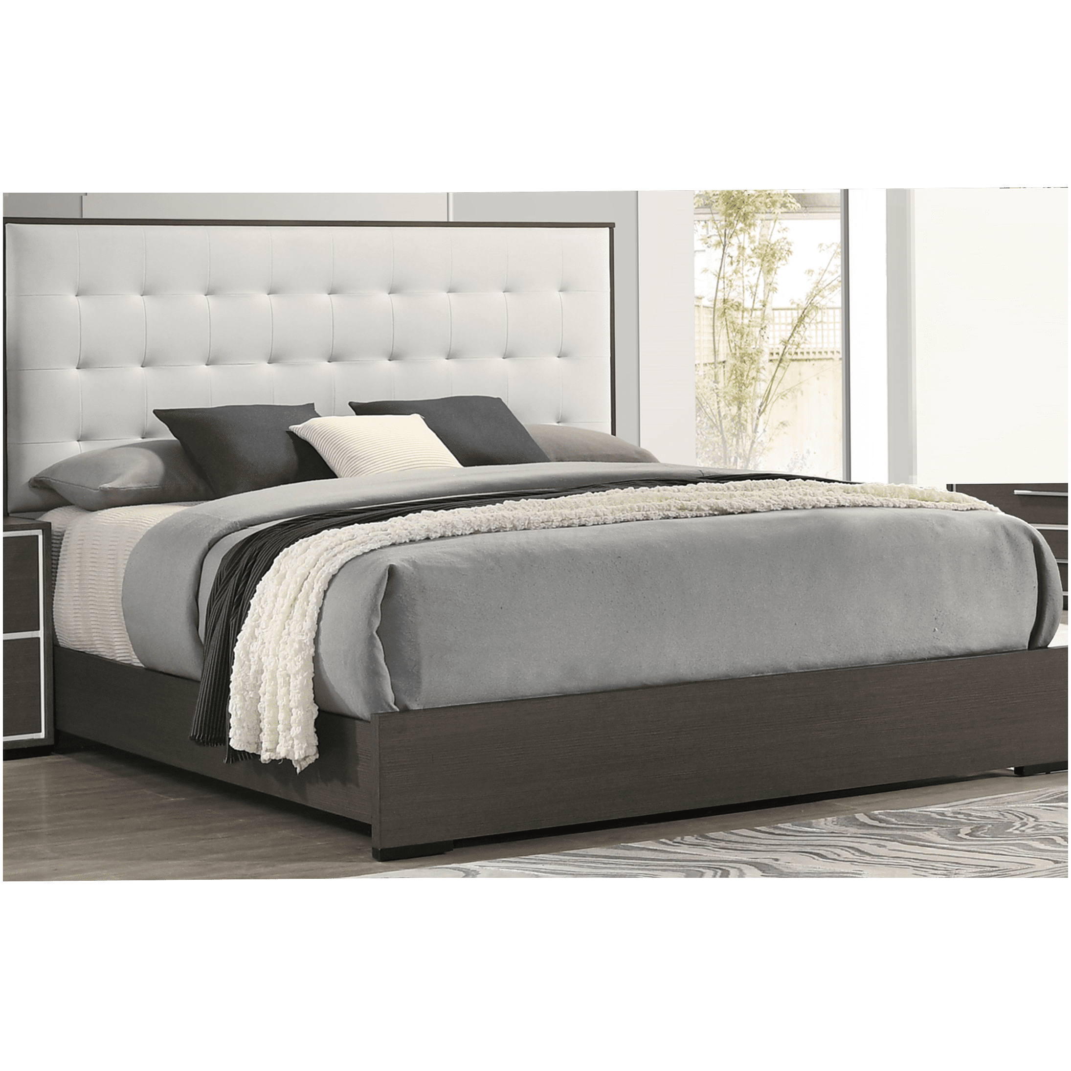 Queen Upholstered Bed Frame with Button Tufted Headboard, Modern Low Profile Platform Bed, Strong Slat Support, Easy Assembly, Gray Beige Wood Bedroom Furniture
