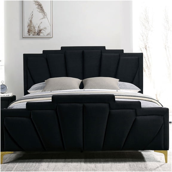 Queen Upholstered Bed Frame with Tufted Headboard, Black Flannelette Platform Bed with Gold Metal Legs, No Box Spring Needed, Modern Glam Bedroom Furniture
