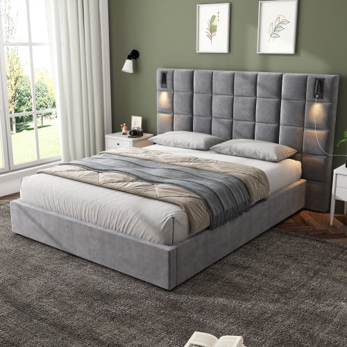Queen Upholstered Bed Frame, Velvet Headboard Bed with Wall Sconce & USB Port, Modern Platform Bed with Wide Padded Headboard, Luxurious Velvet Fabric, Gray