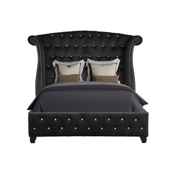 Queen Upholstered Bed Frame with Velvet Headboard, Crystal Button Tufted Platform Bed, No Box Spring Needed, Sturdy Wood Frame, Modern Bedroom Furniture