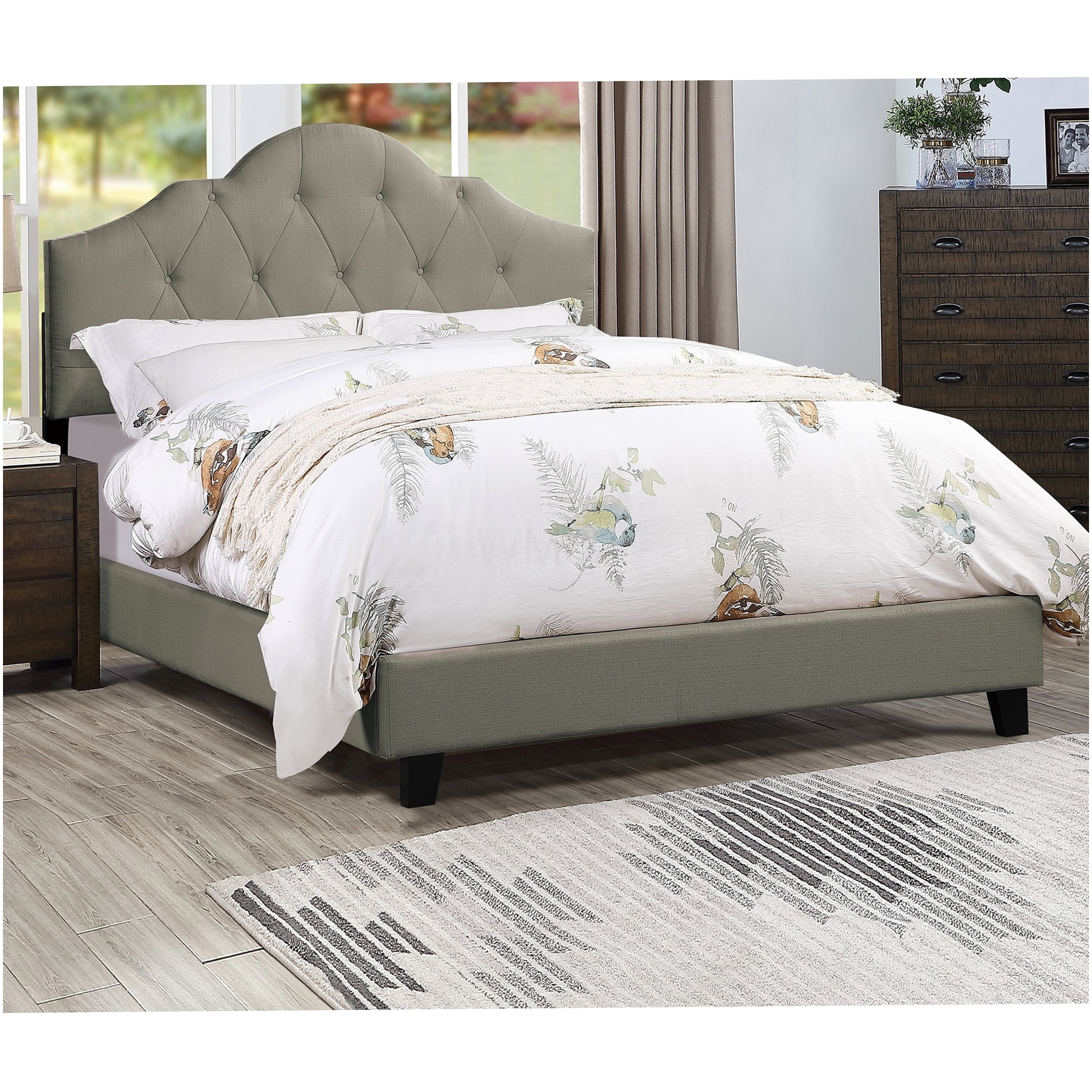 Queen Upholstered Bed Frame with Adjustable Headboard, Gray Modern Platform Bed with Arch Tufted Design, No Box Spring Needed