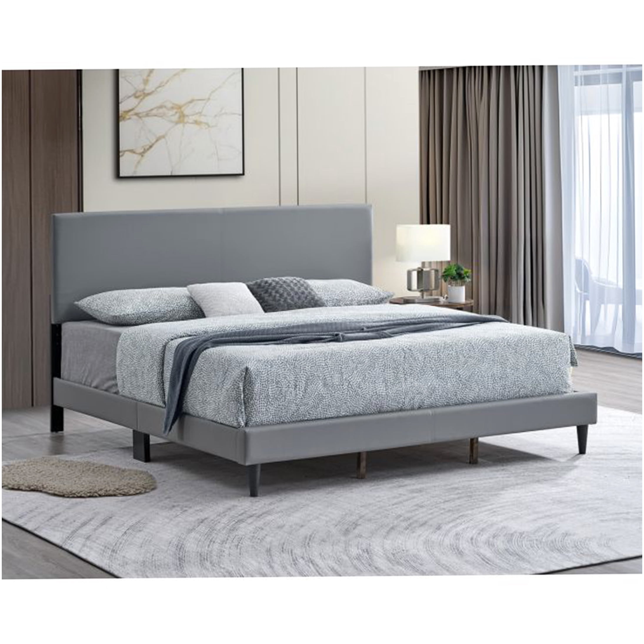 Queen Upholstered Bed Frame with Adjustable Headboard, Modern Light Grey Faux Leather Platform Bed, No Box Spring Needed