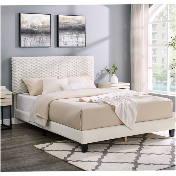 Queen Upholstered Bed Frame with Adjustable Headboard, Off-White Fabric Platform Bed, Low Profile Modern Design, No Box Spring Required
