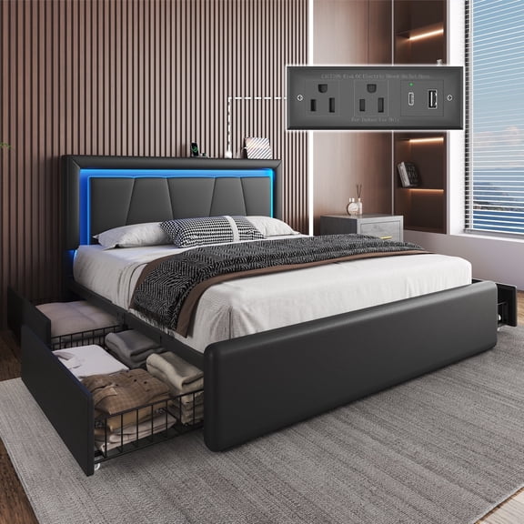 E-Motie Queen Size Bed Frame with 4 Storage Drawers and LED Lights, Upholstered Platform Bed with Adjustable Headboard and Charging Station, Metal Slats Support, Black
