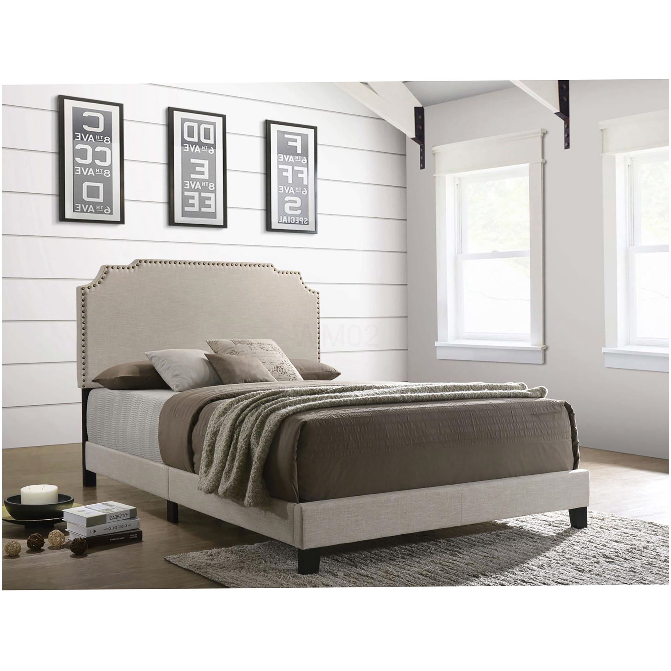 Queen Upholstered Bed Frame with Beige Fabric Headboard and Nailhead Trim for Modern Bedroom