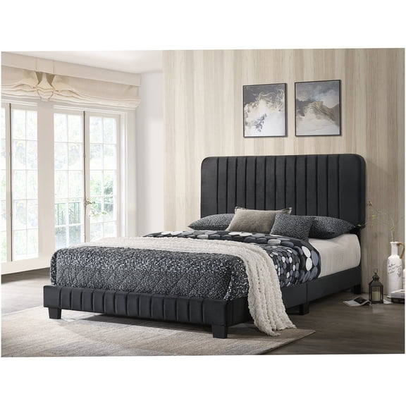 Queen Upholstered Bed Frame with Channel Tufted Headboard, Velvet Platform Bed, Strong Slatted Base, Modern Bedroom Furniture for Adults
