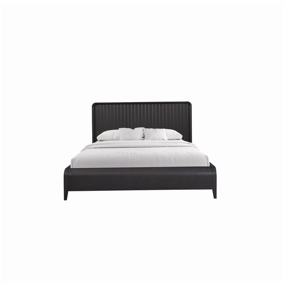 Queen Upholstered Bed Frame with Headboard, Channel Tufted Platform Bed, Black Wood Bed, No Box Spring, Modern Furniture