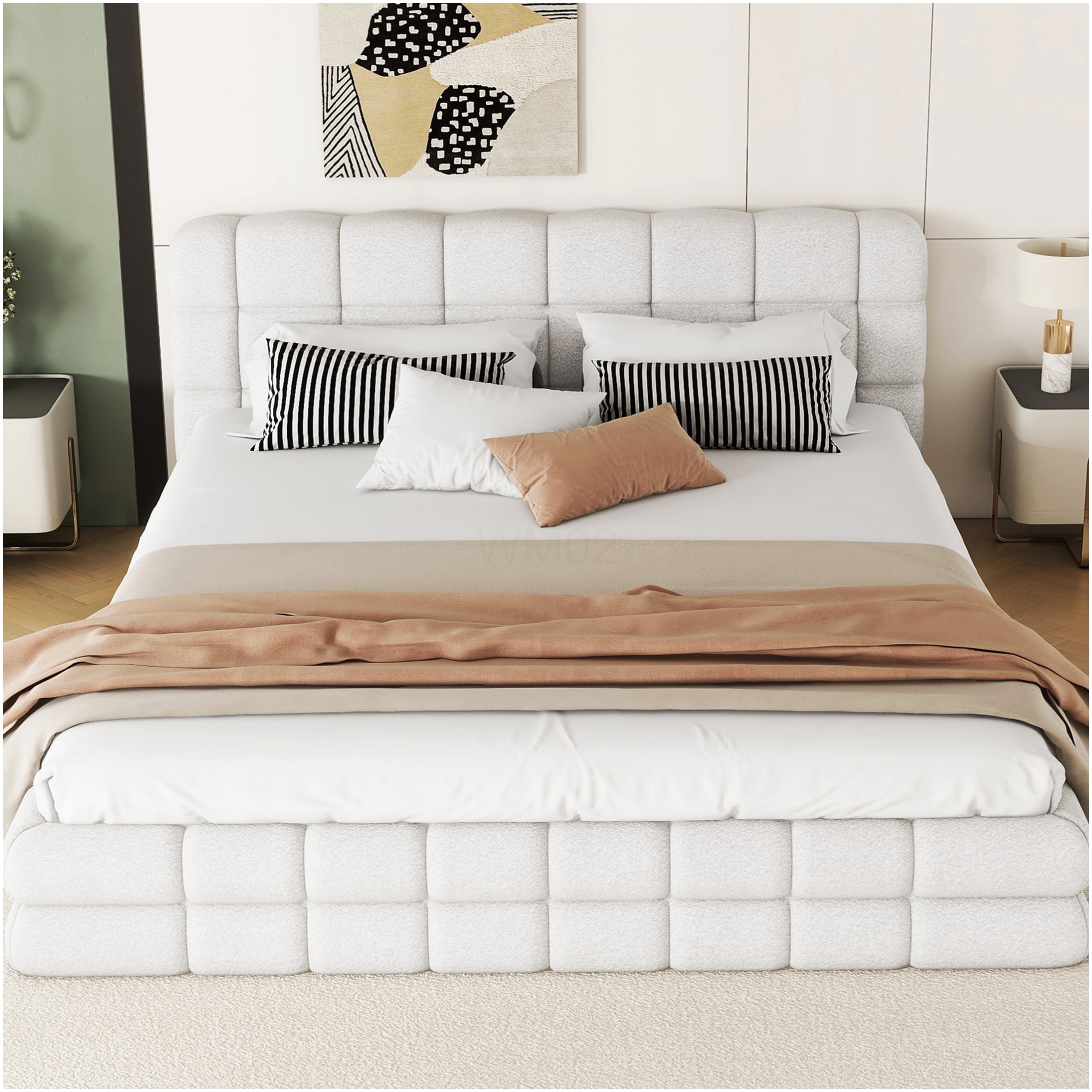 Queen Upholstered Bed Frame with Headboard, Modern Platform Bed with Wood Slat Support, No Box Spring Needed, White